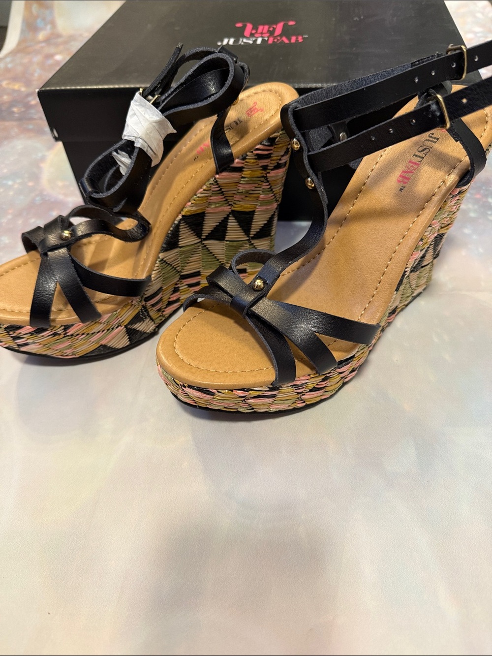 JustFab Black Strappy Wedges with Multicolor Patterned Platform 7.5